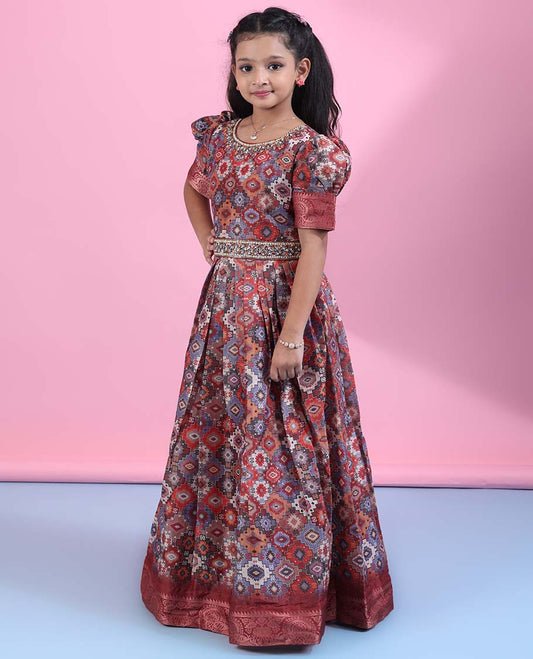 Multi-color intricately printed with pearls, stone & beads embroidered puff-sleeve zari border frock