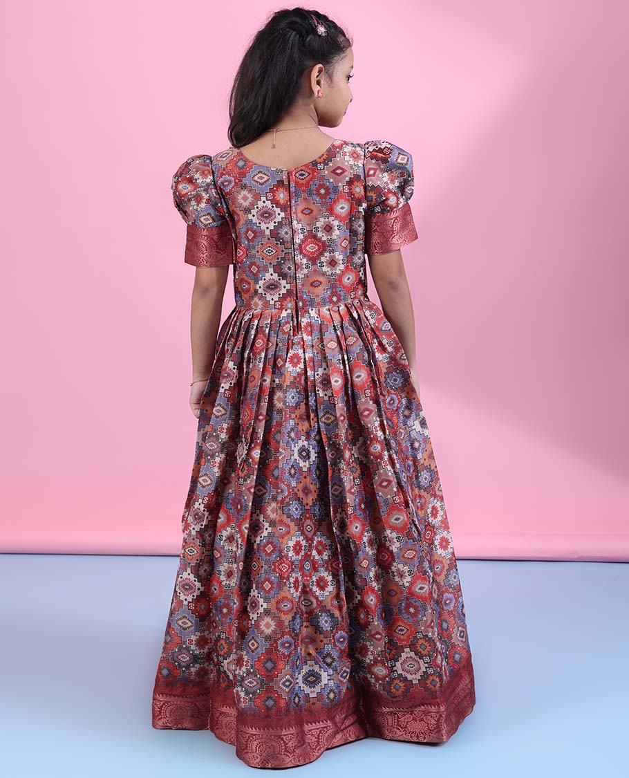 Multi-color intricately printed with pearls, stone & beads embroidered puff-sleeve zari border frock