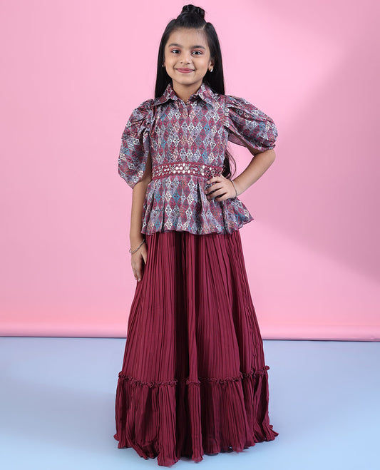 Multi-color Gown with intricately printed angel sleeve top with chiffon pleated-style fril skirt