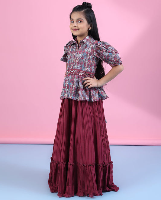 Multi-color Gown with intricately printed angel sleeve top with chiffon pleated-style fril skirt