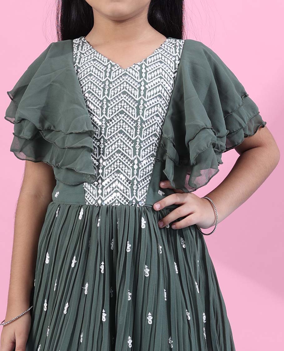 Green intricate thread embroidered angel sleeve readymade chiffon frock