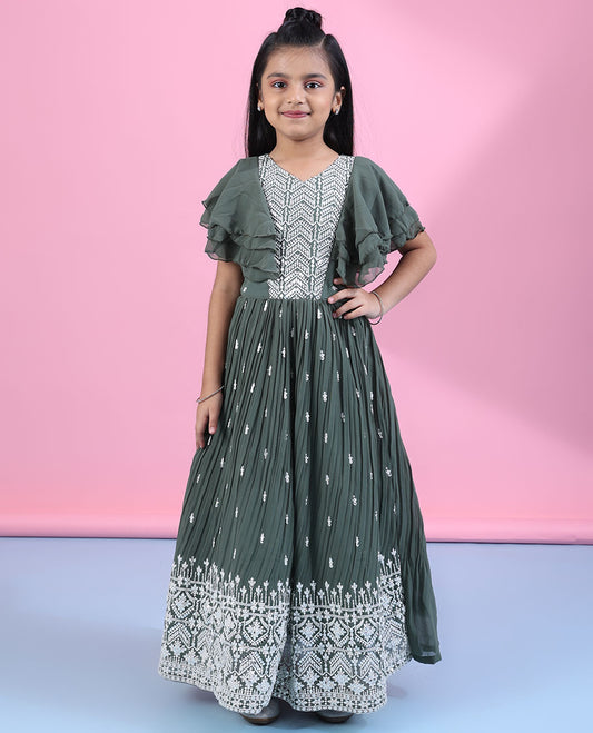 Green intricate thread embroidered angel sleeve readymade chiffon frock