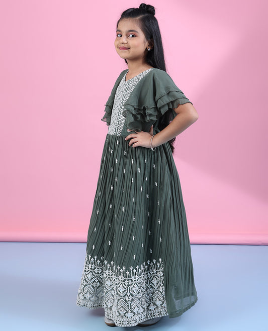 Green intricate thread embroidered angel sleeve readymade chiffon frock