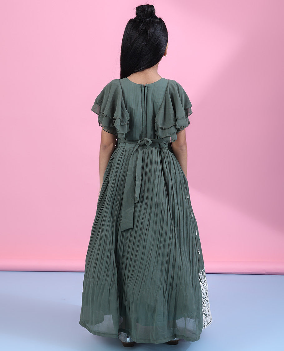 Green intricate thread embroidered angel sleeve readymade chiffon frock