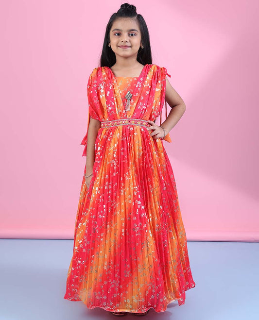 Multi-color floral vine foil printed & stone work short sleeve readymade pleated chiffon frock