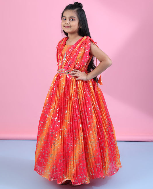 Multi-color floral vine foil printed & stone work short sleeve readymade pleated chiffon frock