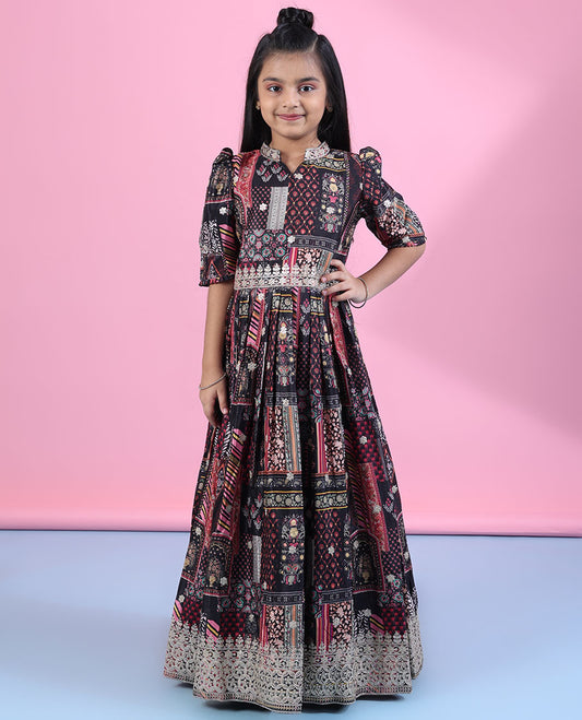 Black intricately printed & thread embroidered elbow-puff-sleeve with chinese collar readymade frock