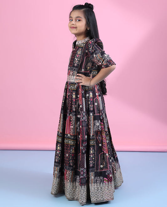 Black intricately printed & thread embroidered elbow-puff-sleeve with chinese collar readymade frock