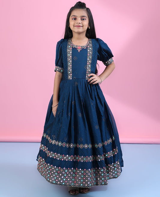 Blue micro-stone & multi-color thread embroidered & mirror work elbow-puff-sleeve readymade frock