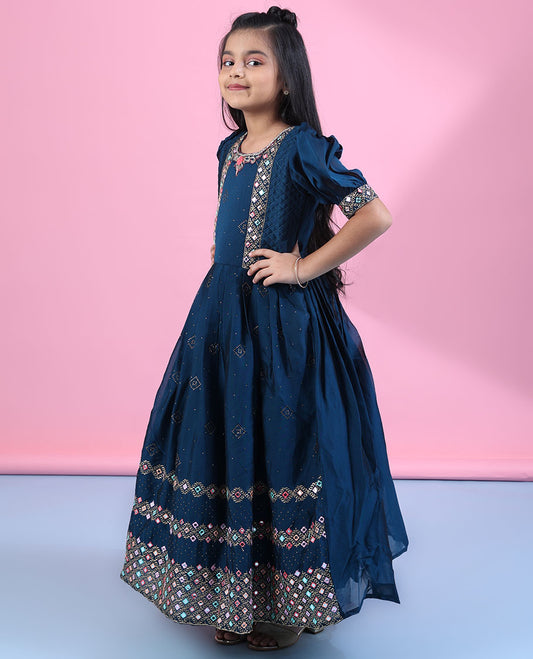 Blue micro-stone & multi-color thread embroidered & mirror work elbow-puff-sleeve readymade frock