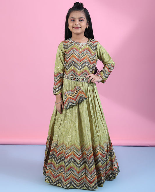 Green intricate chevron printed & sequins embroidered full-sleeve readymade muslin frock