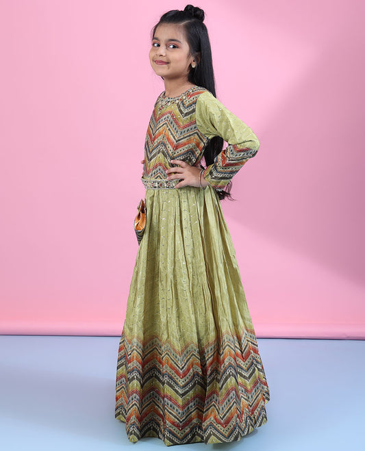 Green intricate chevron printed & sequins embroidered full-sleeve readymade muslin frock