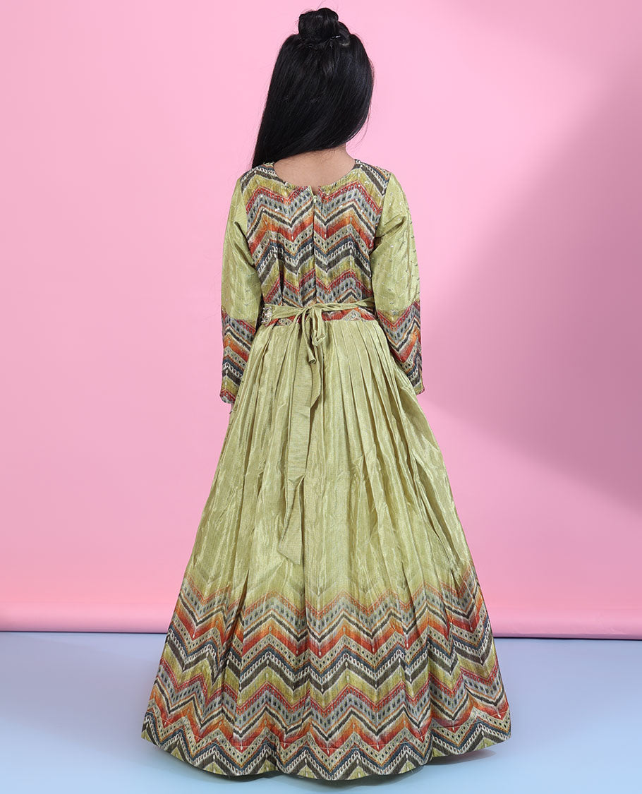 Green intricate chevron printed & sequins embroidered full-sleeve readymade muslin frock