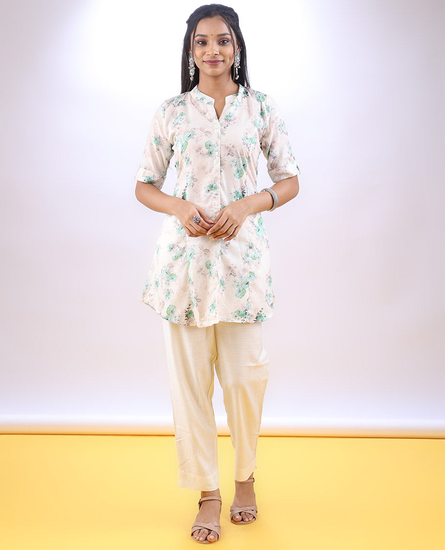 Cream floral printed Chinese collar & elbow sleeve above-knee a-line top