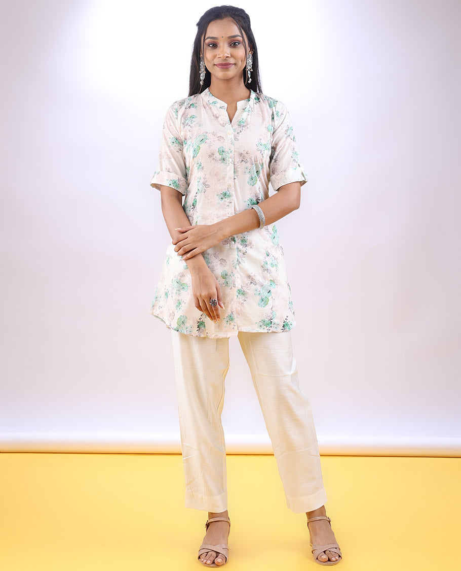 Cream floral printed Chinese collar & elbow sleeve above-knee a-line top