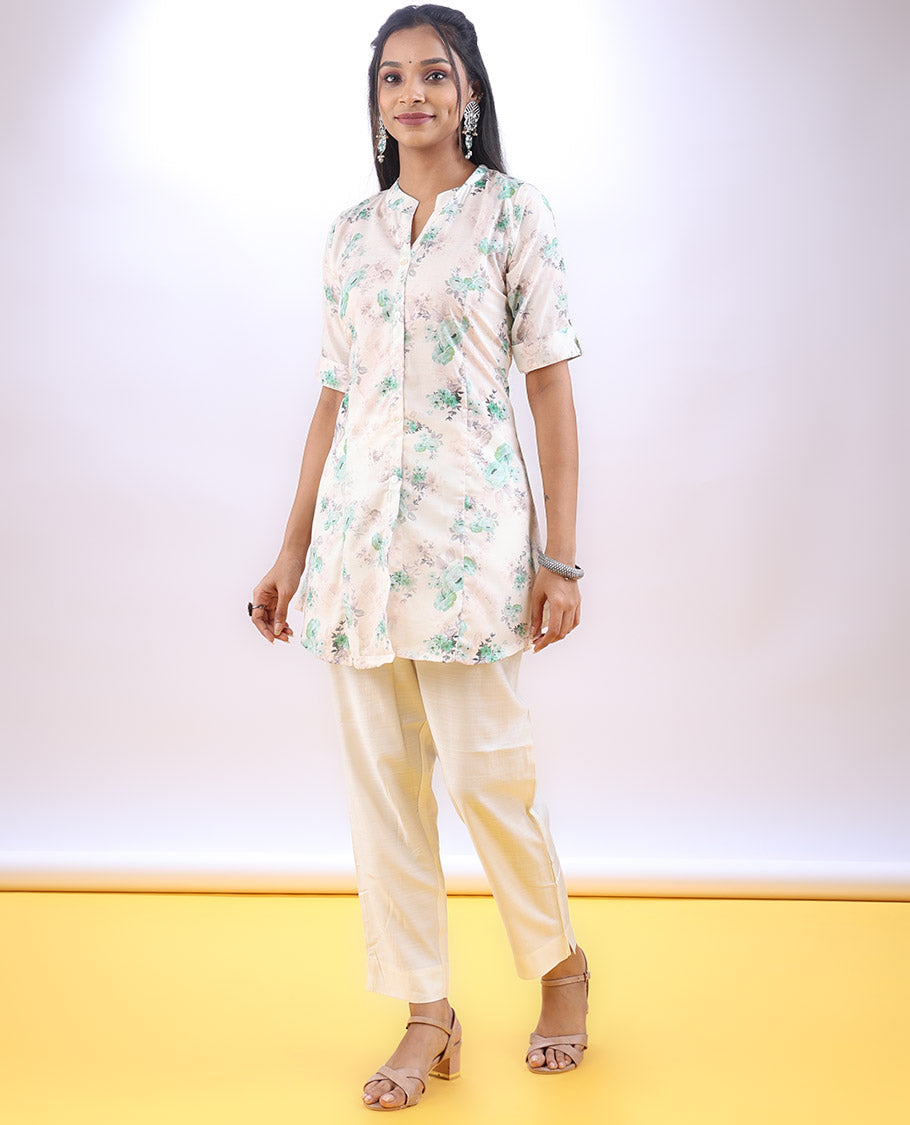 Cream floral printed Chinese collar & elbow sleeve above-knee a-line top