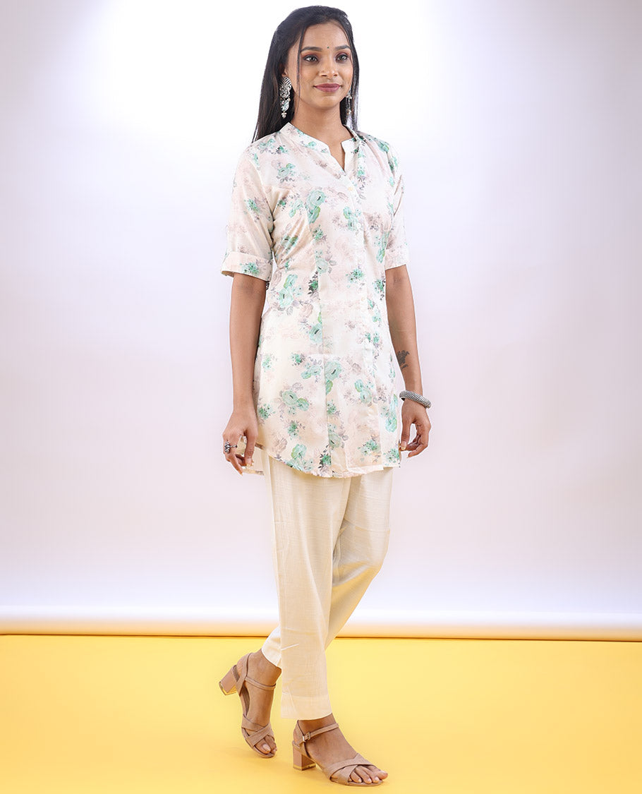 Cream floral printed Chinese collar & elbow sleeve above-knee a-line top