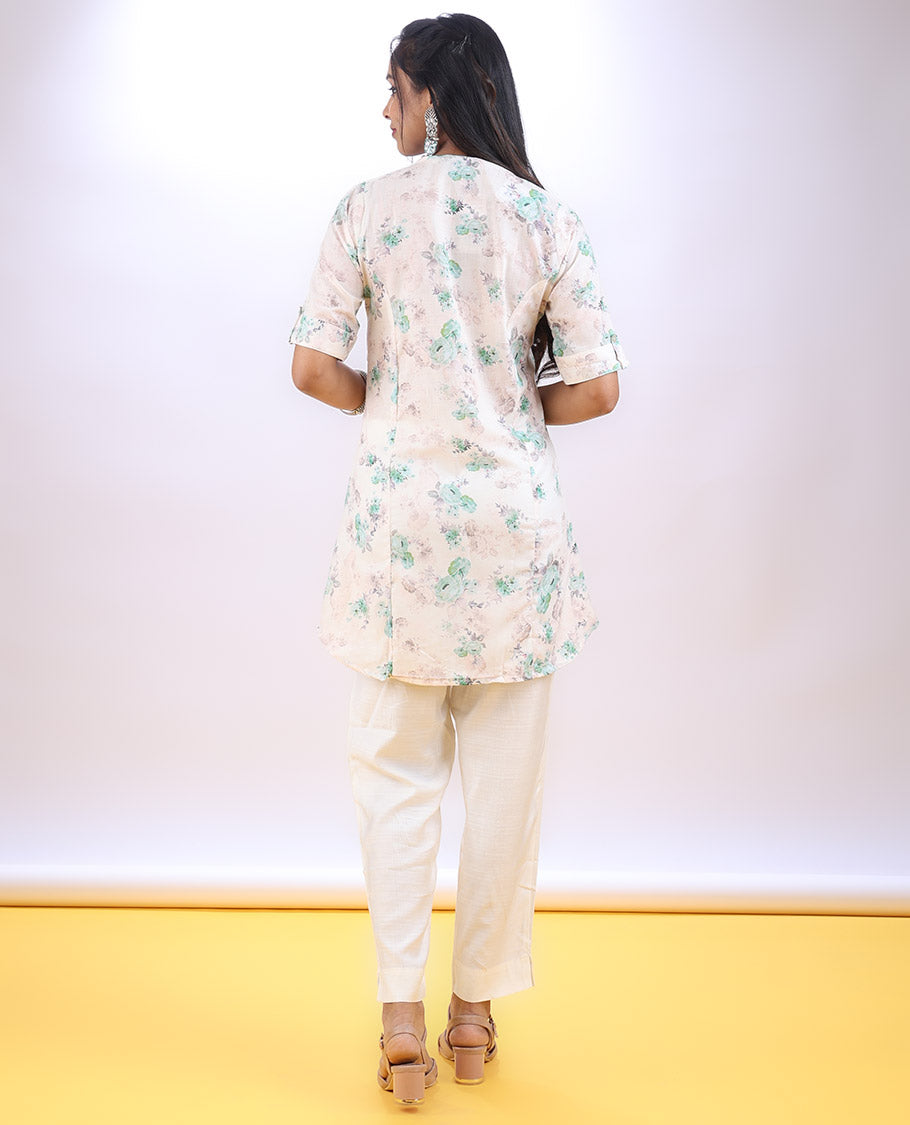 Cream floral printed Chinese collar & elbow sleeve above-knee a-line top