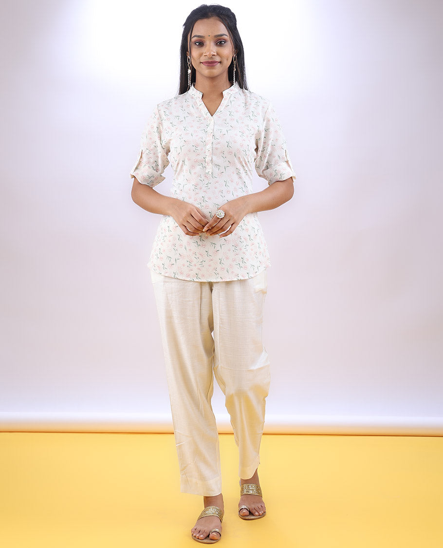 Cream floral printed Chinese collar & elbow sleeve a-line top