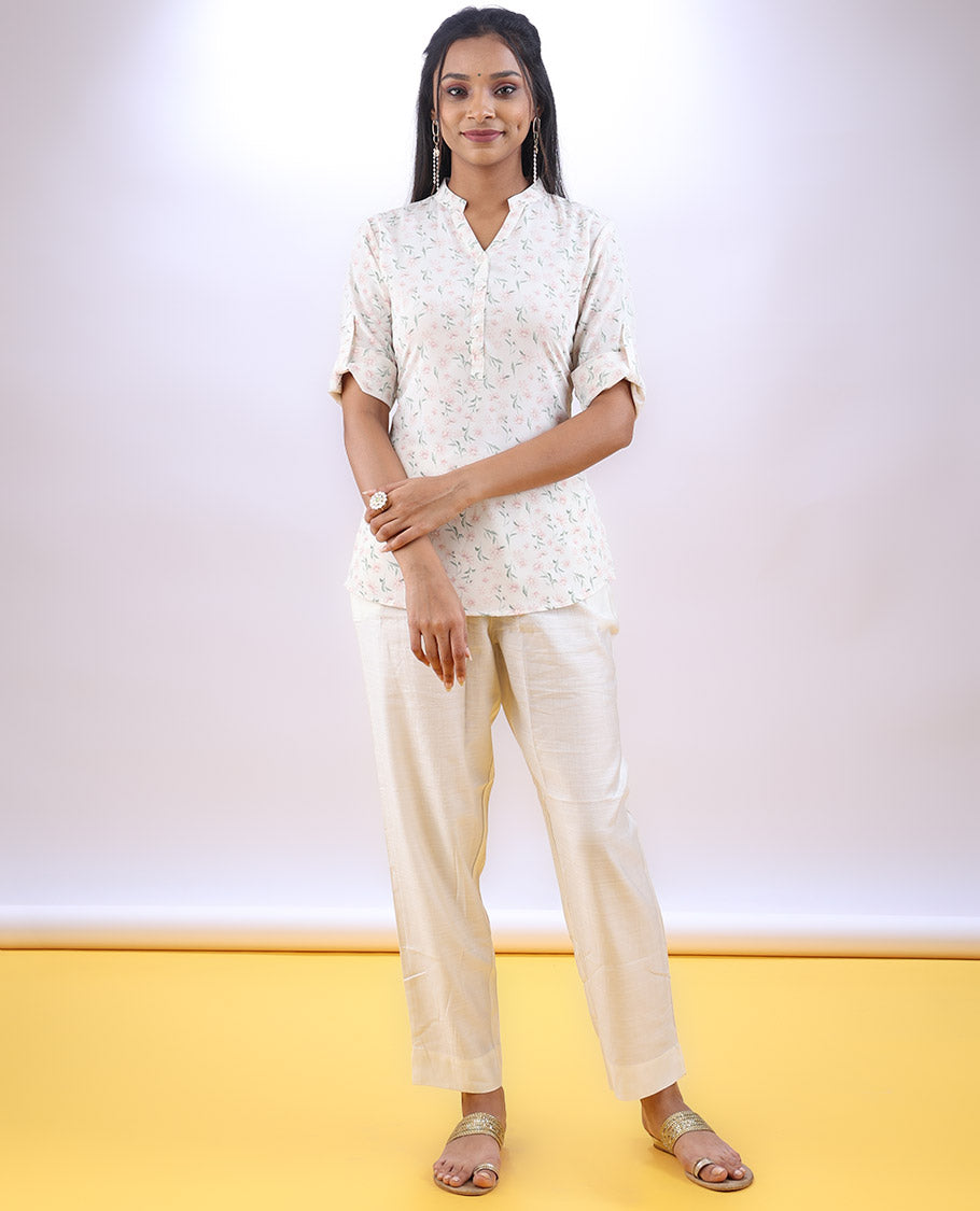 Cream floral printed Chinese collar & elbow sleeve a-line top