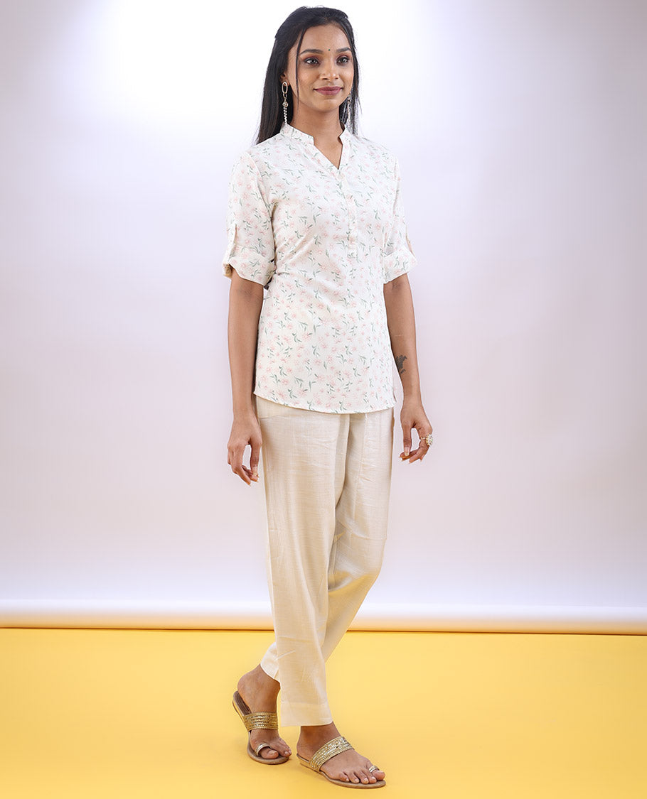 Cream floral printed Chinese collar & elbow sleeve a-line top