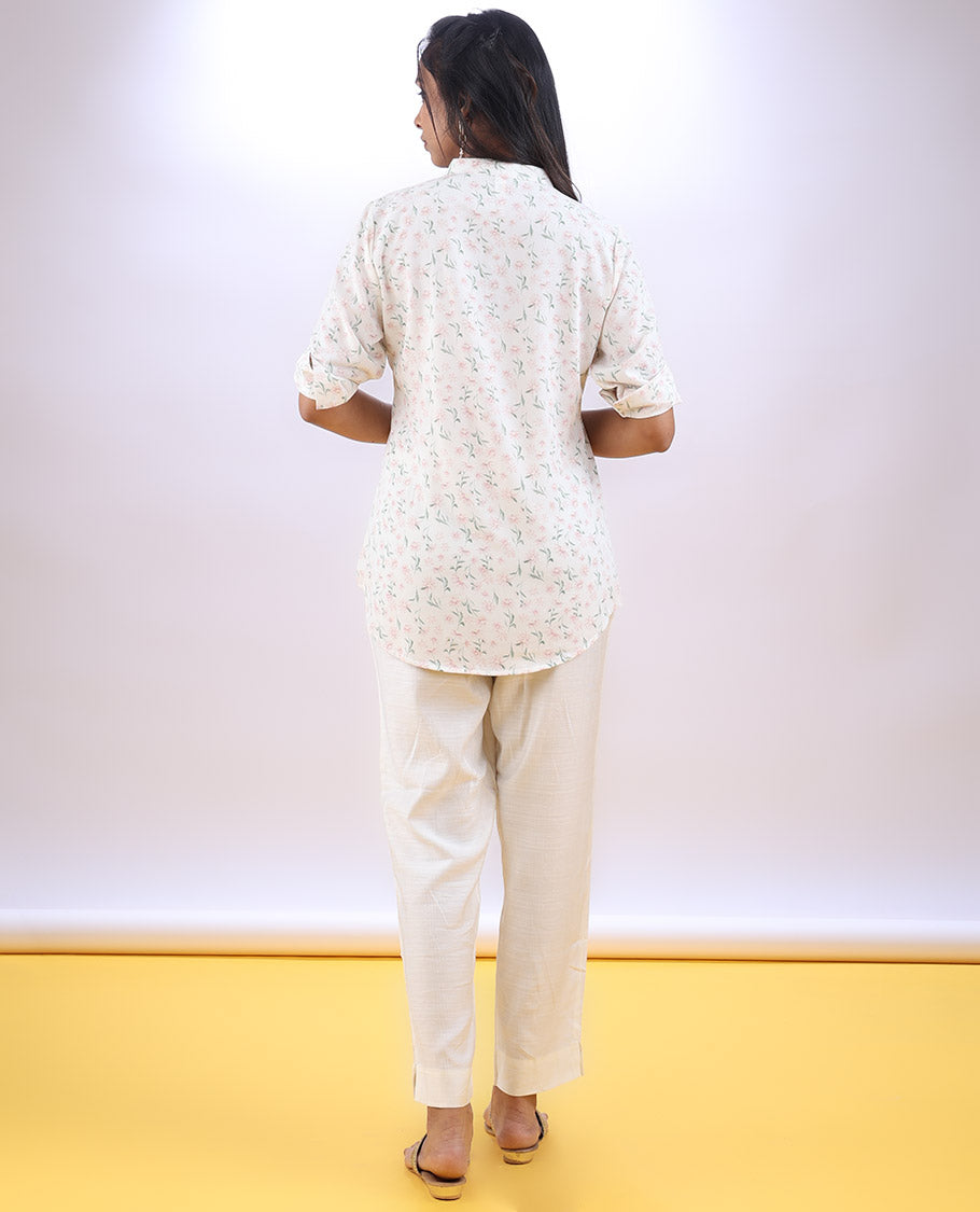 Cream floral printed Chinese collar & elbow sleeve a-line top