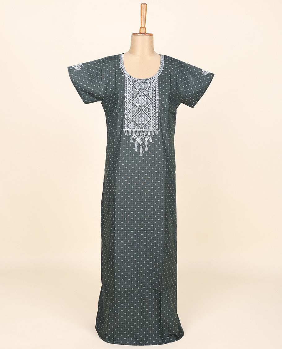 Green geometric patterns printed & neck patchwork round neck cotton half-sleeve nighty