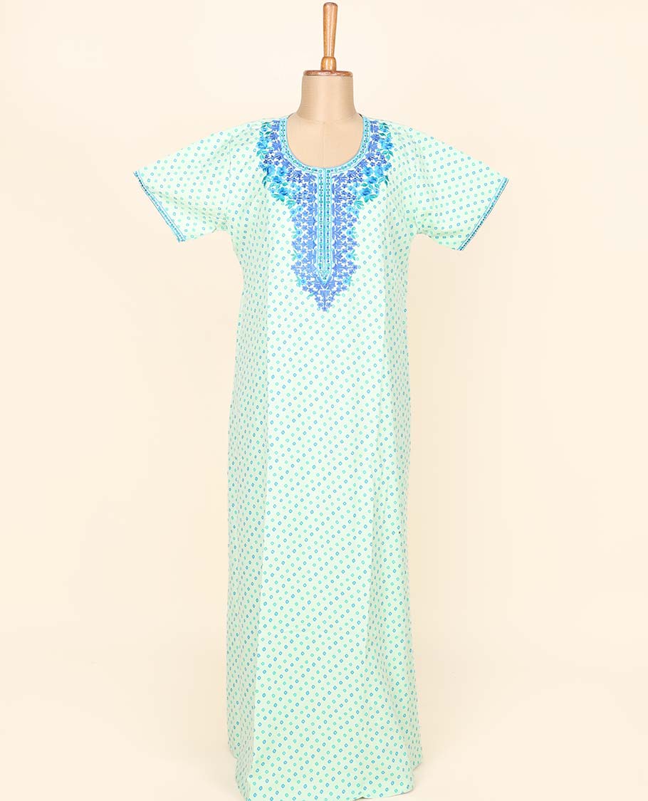 Mint green bandhani motifs printed & floral thread embroidery round neck cotton half-sleeve nighty