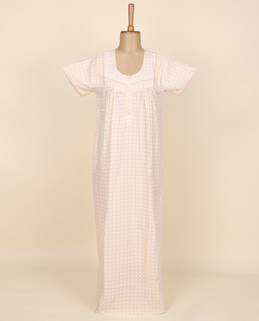 Cream intricately printed round neck cotton half-sleeve button-type nighty