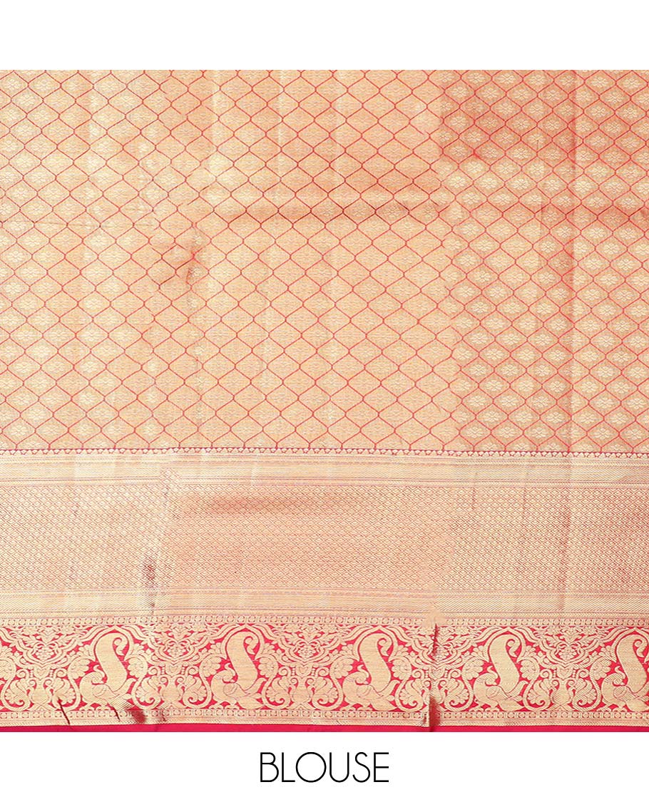 Gold leaf vine jacquard design navarathna pavadai, contrast zari border & blouse of paisa,banaras,kathir & mayil