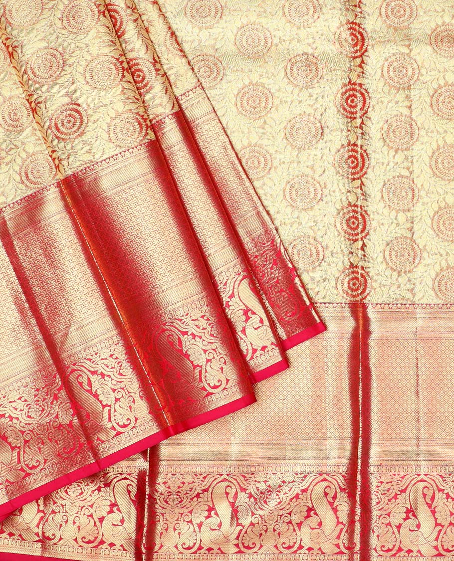 Gold leaf vine jacquard design navarathna pavadai, contrast zari border & blouse of paisa,banaras,kathir & mayil