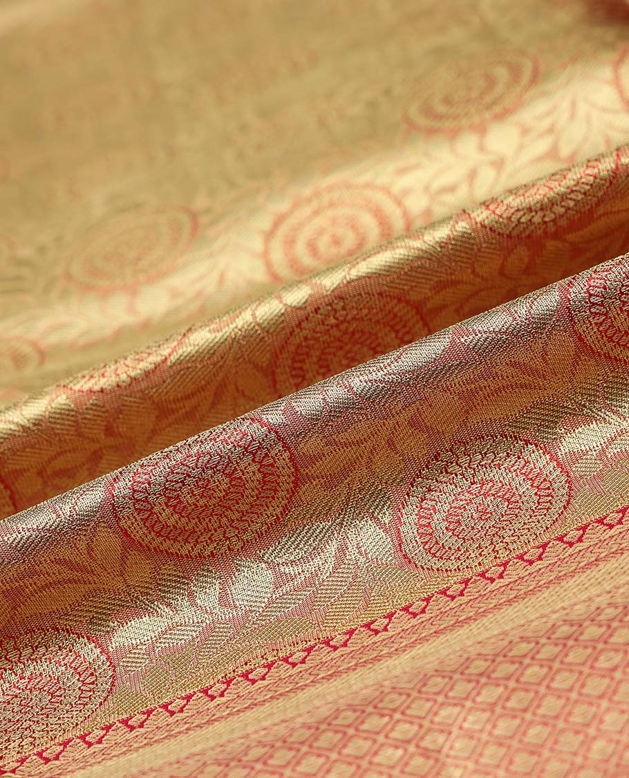 Gold leaf vine jacquard design navarathna pavadai, contrast zari border & blouse of paisa,banaras,kathir & mayil