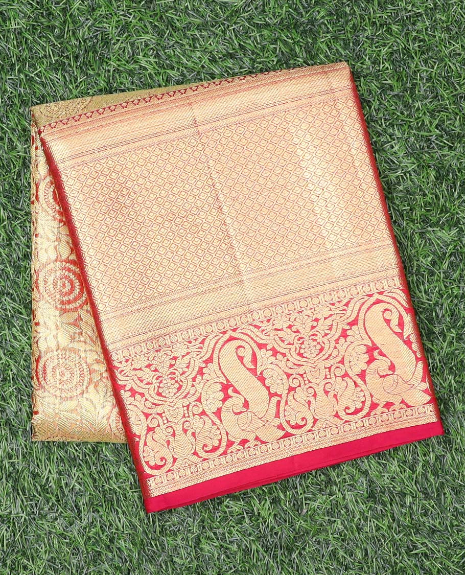 Gold leaf vine jacquard design navarathna pavadai, contrast zari border & blouse of paisa,banaras,kathir & mayil