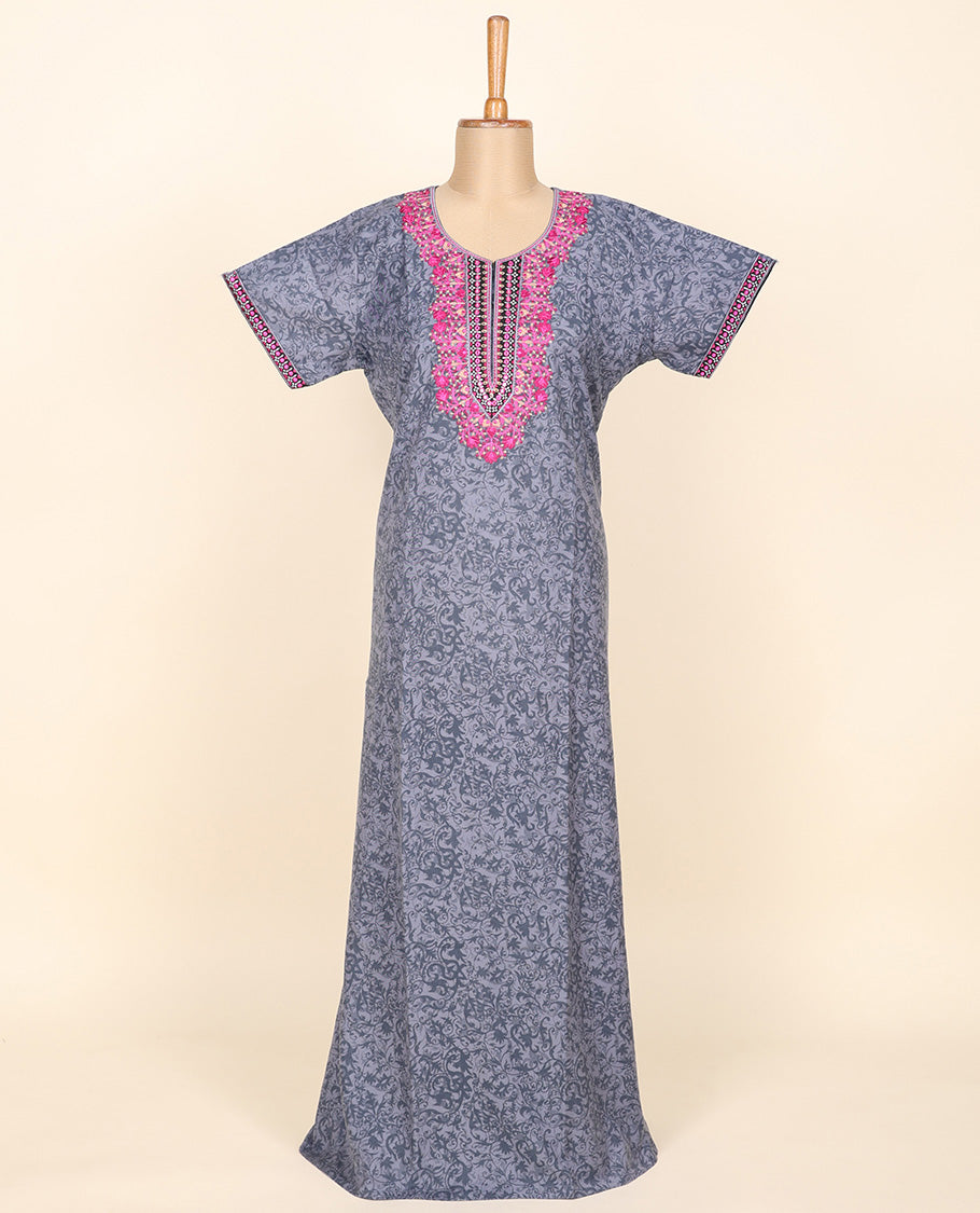 Grey vine design printed & neck thread embroidered leaf-neck cotton half-sleeve nighty