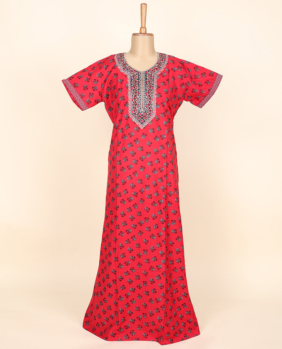 Red floral motifs printed & thread embroidered round neck cotton half-sleeve nighty