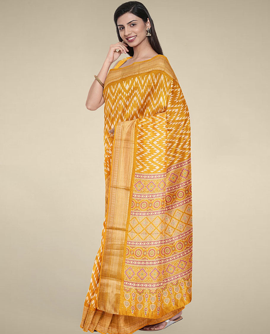 Yellow printed Semi banaras dola with chevron designs, self-border of traditional designs & geometric patterned pallu