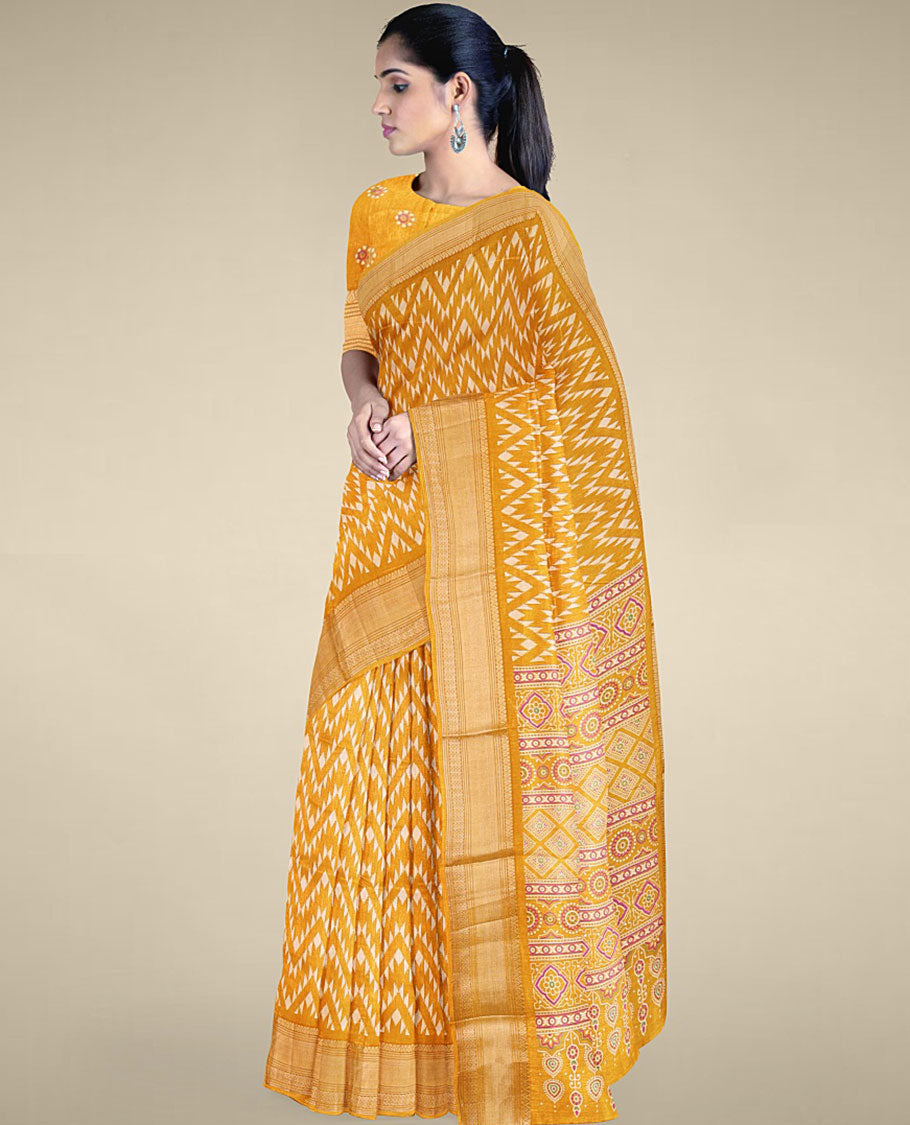 Yellow printed Semi banaras dola with chevron designs, self-border of traditional designs & geometric patterned pallu