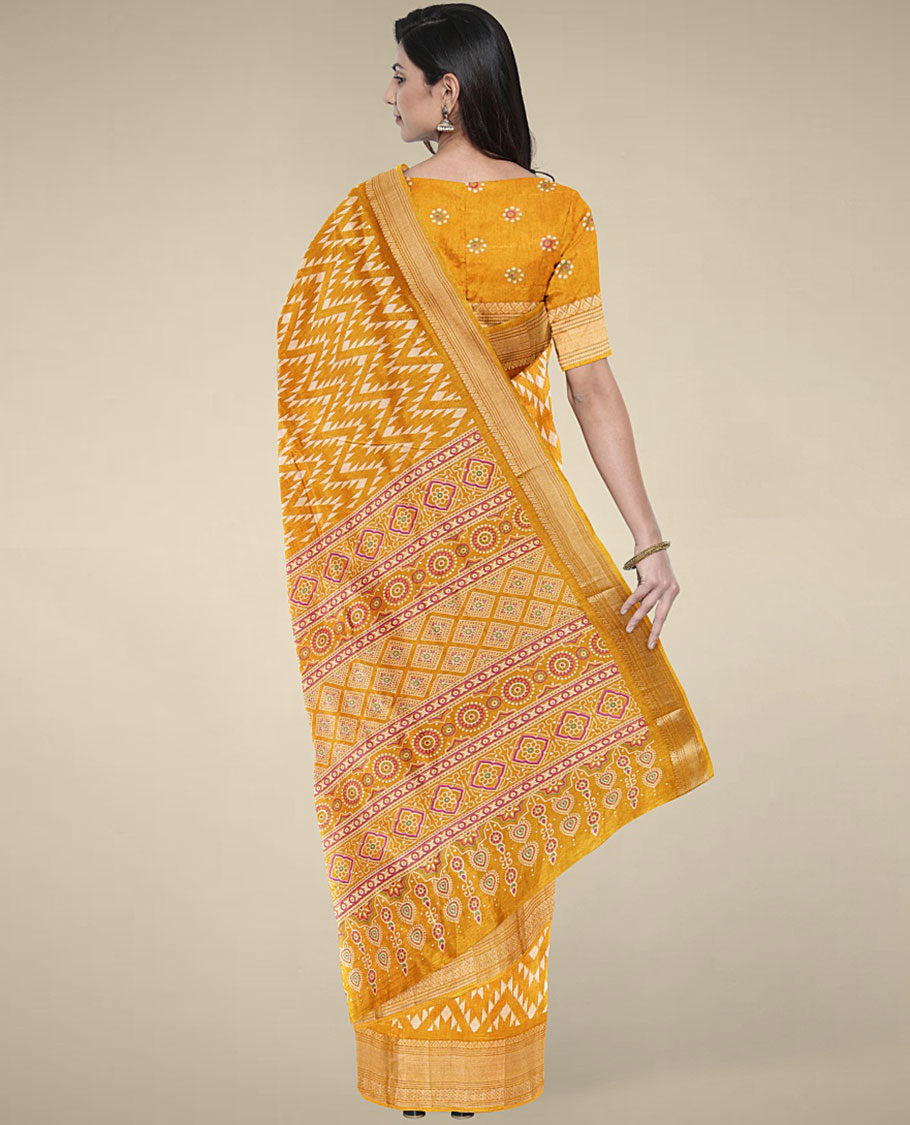 Yellow printed Semi banaras dola with chevron designs, self-border of traditional designs & geometric patterned pallu