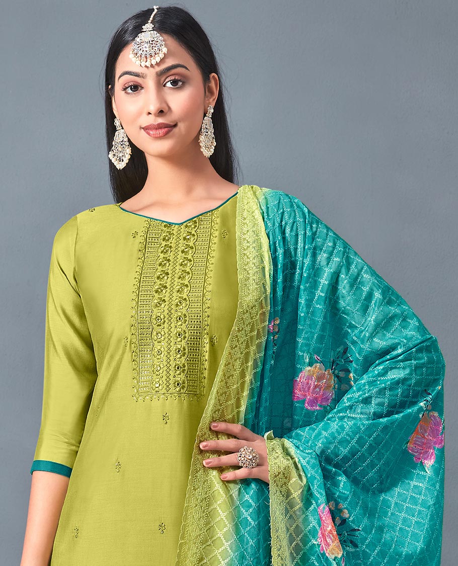 Green chudidhar material,embroidered chanderi top,contrast bottom & embroidered checked design & floral print dupatta