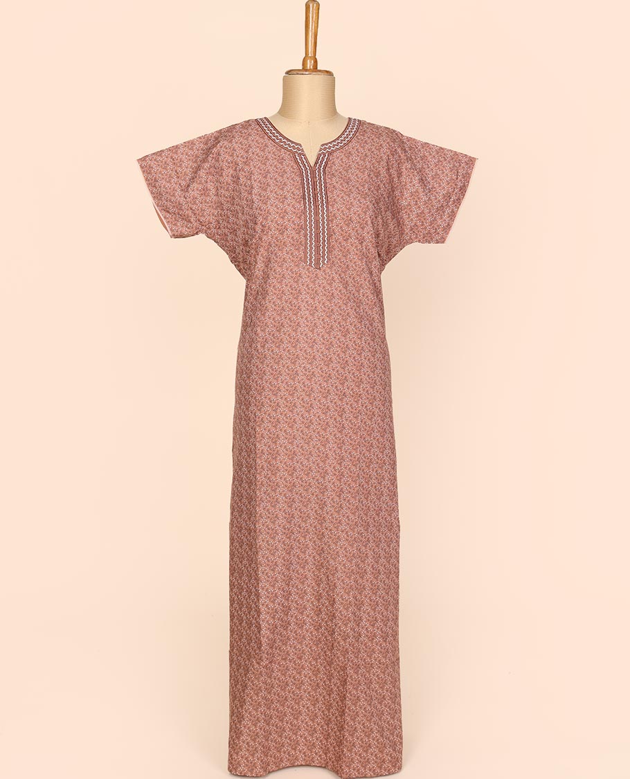 Pastel brown floral vine micro-printed & neck embroidery round neck cotton half-sleeve nighty
