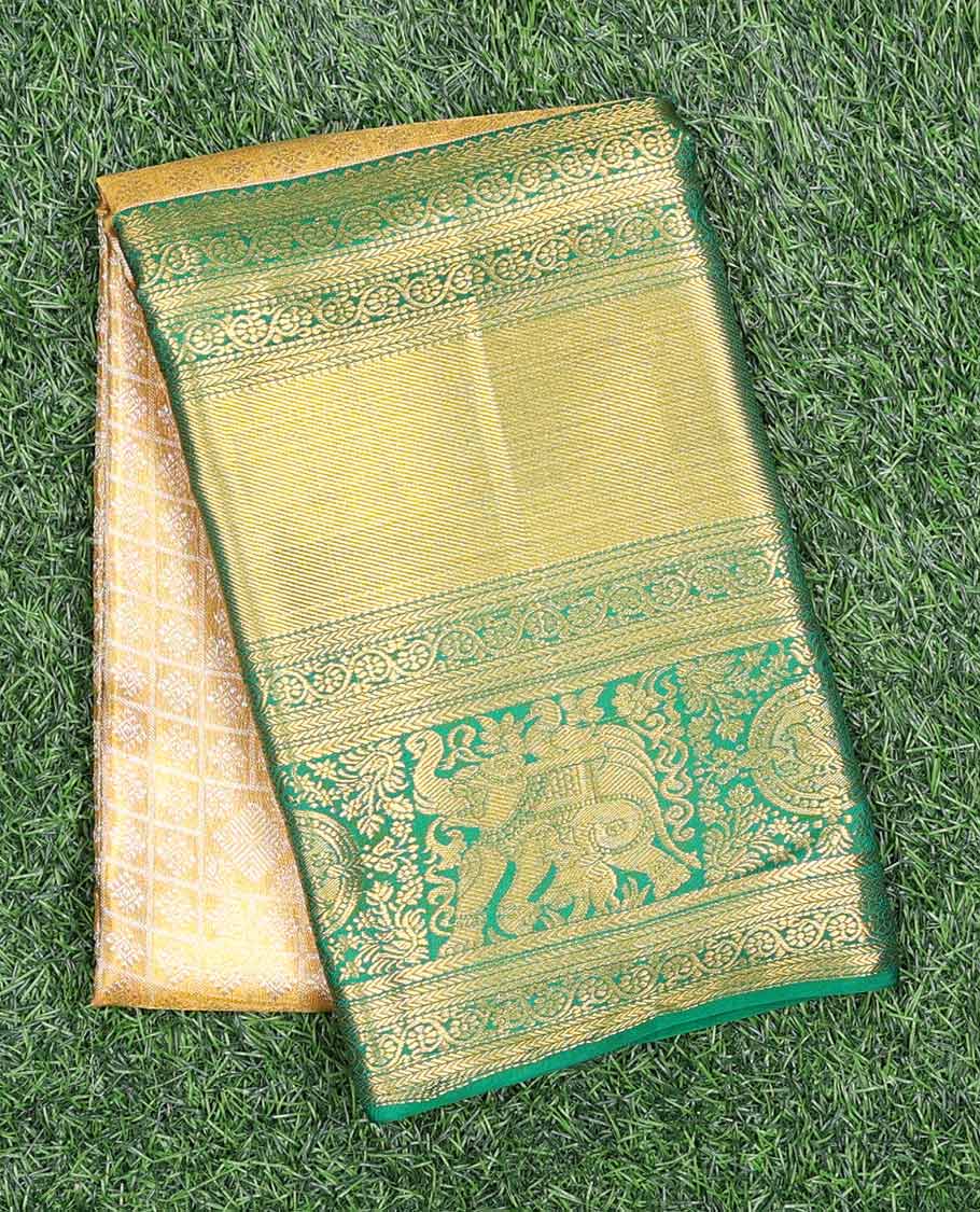 Sandal jacquard navarathna pavadai with contrast border & blouse of rekku,kathir,banaras,muthu,kodi visiry & yaanai