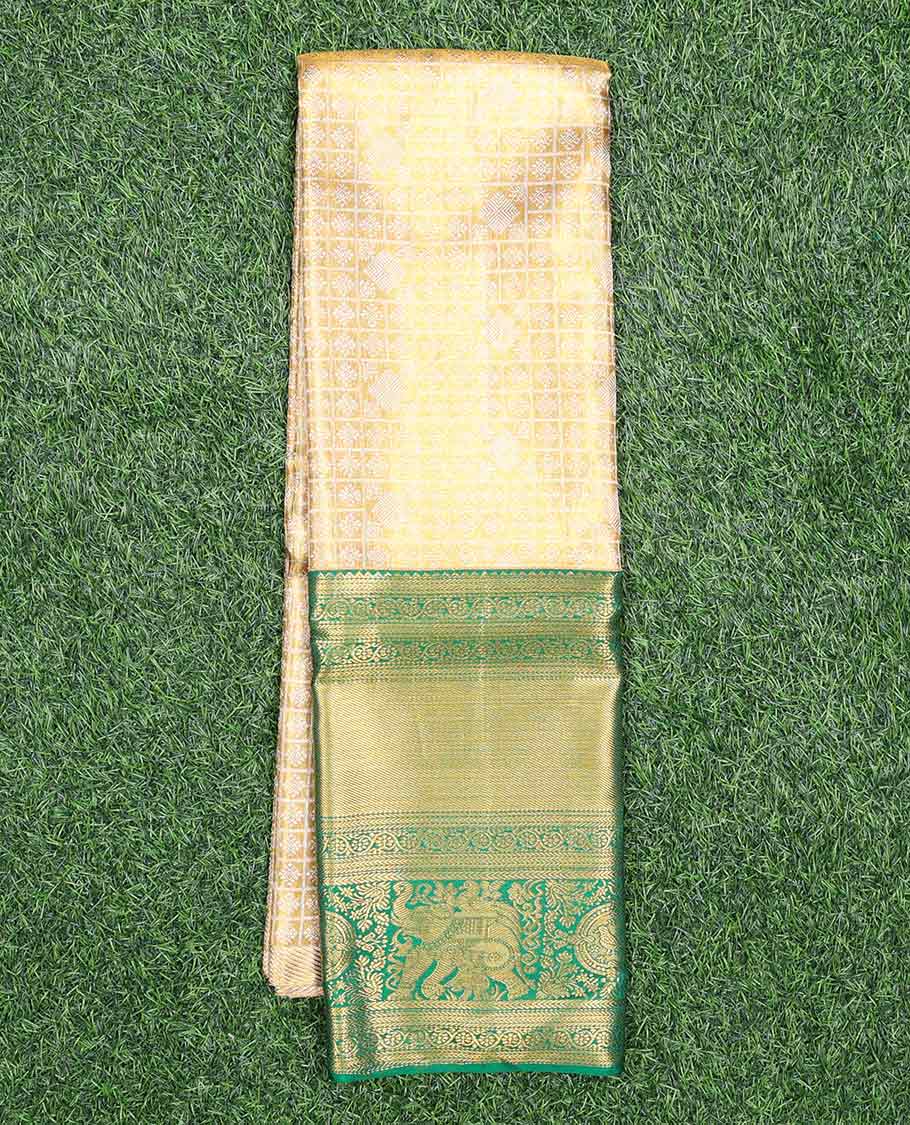Sandal jacquard navarathna pavadai with contrast border & blouse of rekku,kathir,banaras,muthu,kodi visiry & yaanai