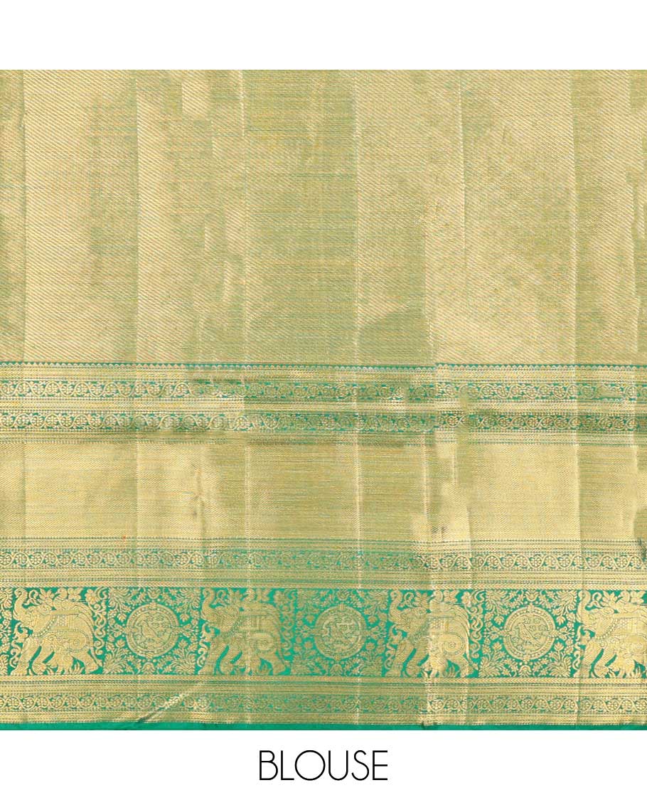 Sandal jacquard navarathna pavadai with contrast border & blouse of rekku,kathir,banaras,muthu,kodi visiry & yaanai