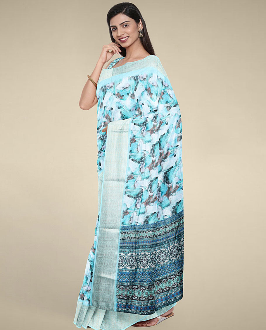 Blue abstract-style printed semi banaras dola saree, contrast border & pallu printed with intricate designs