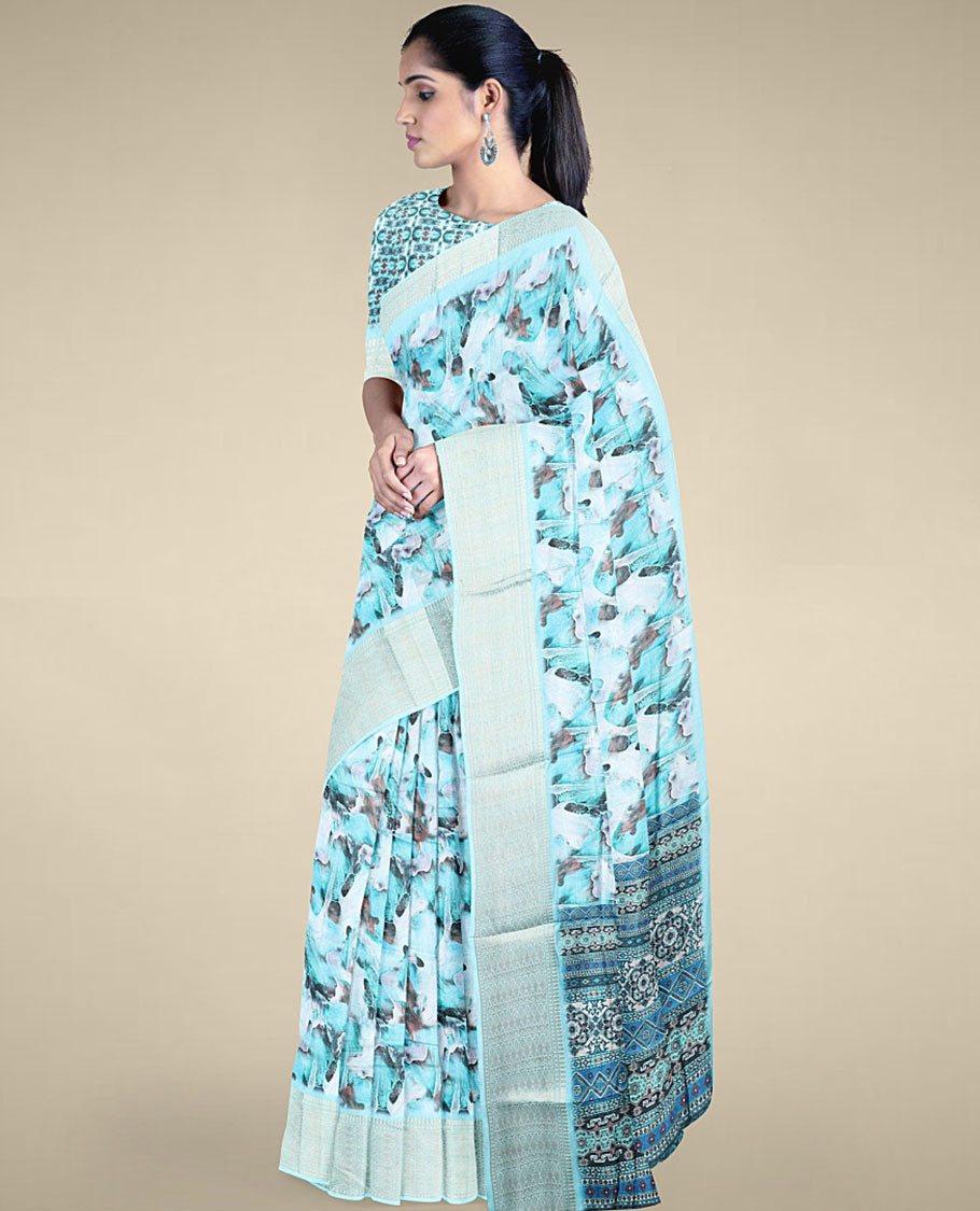 Blue abstract-style printed semi banaras dola saree, contrast border & pallu printed with intricate designs