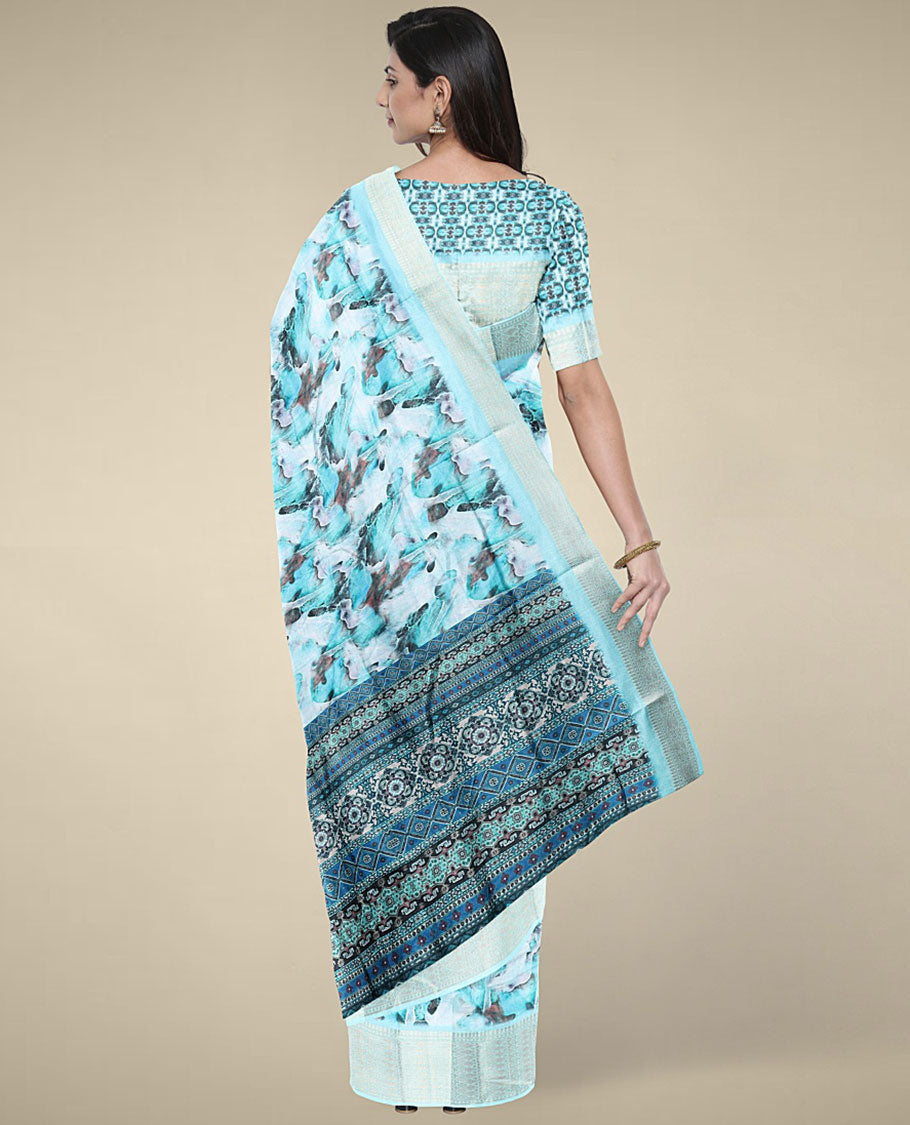 Blue abstract-style printed semi banaras dola saree, contrast border & pallu printed with intricate designs