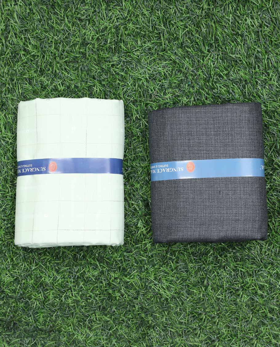 Sungrace Mafatlal men's material set, green checked design cotton shirt & contrast heathered pants