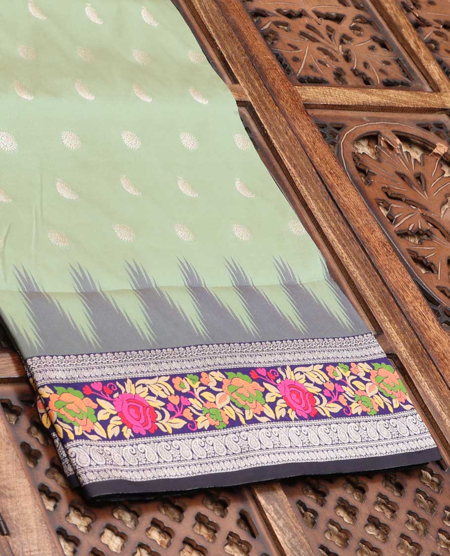 Green Semi banaras paithani saree with buttas,contrast vidarbha meenakari design border&pallu of traditional design