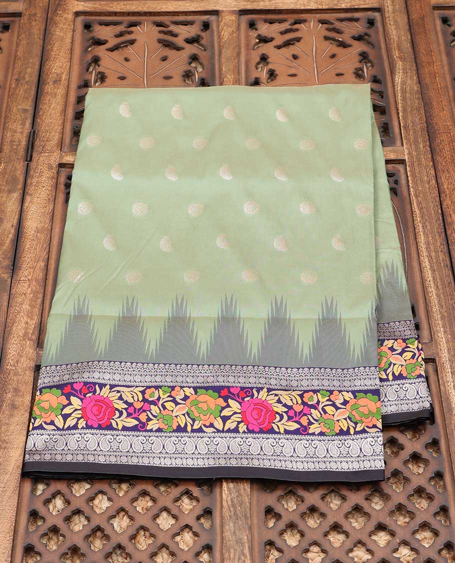 Green Semi banaras paithani saree with buttas,contrast vidarbha meenakari design border&pallu of traditional design