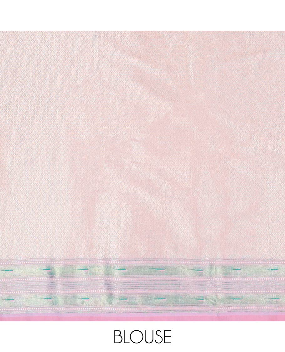 Pink Semi banaras paithani silk saree with buttas, contrast border & pallu of paithani-style intricate designs